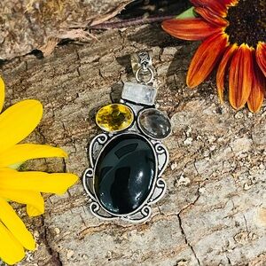 Black Onyx Citrine Pearl 925 Sterling Silver Pendant